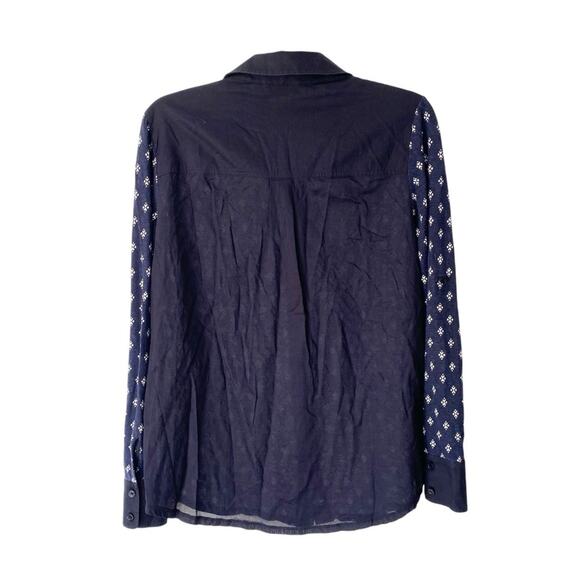 Tory Burch Linen Blend Navy Blue White Print Button Down Shirt size medium - Picture 6 of 8